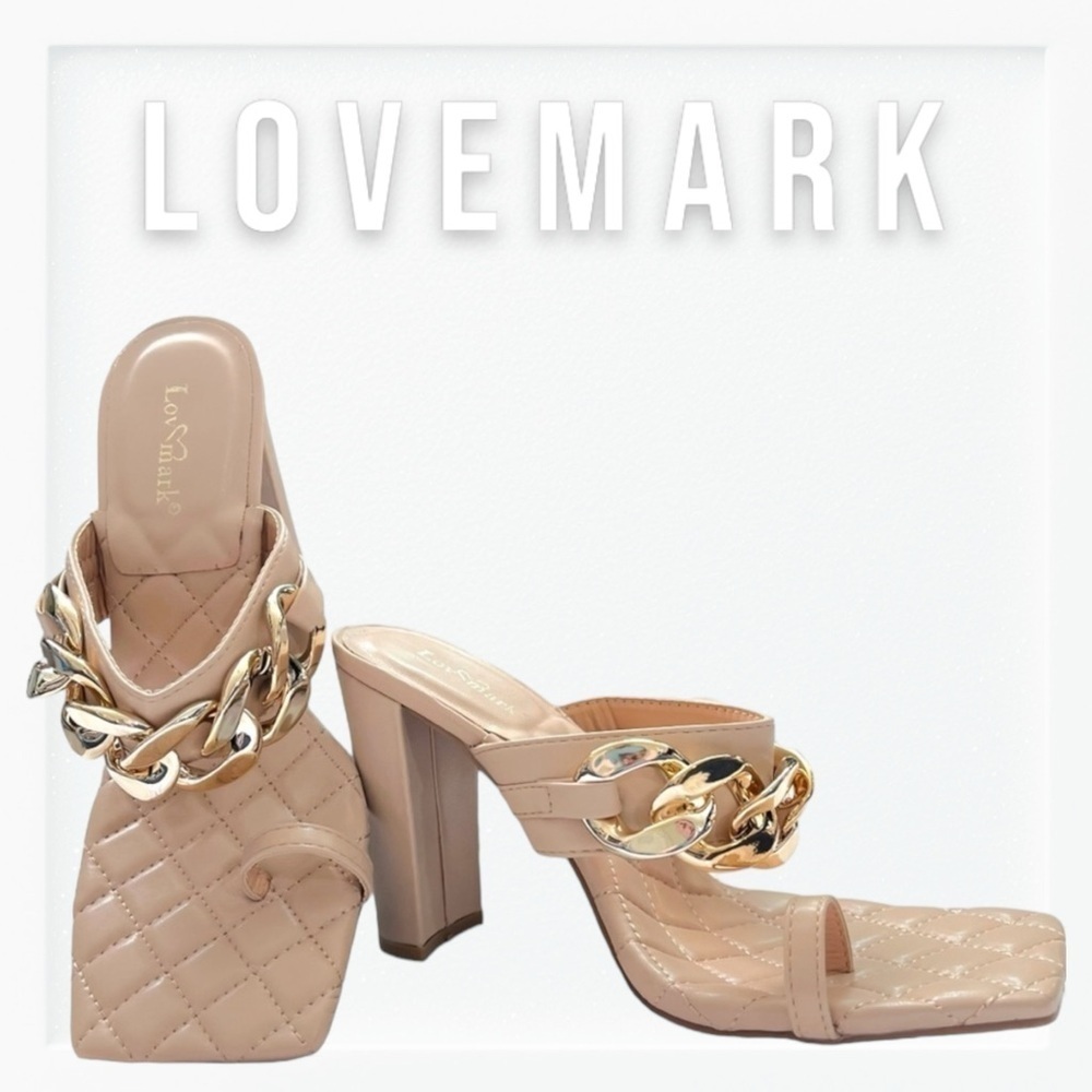 NWT Lovemark Nude and Gold Sandal Block Heels sz 7.5